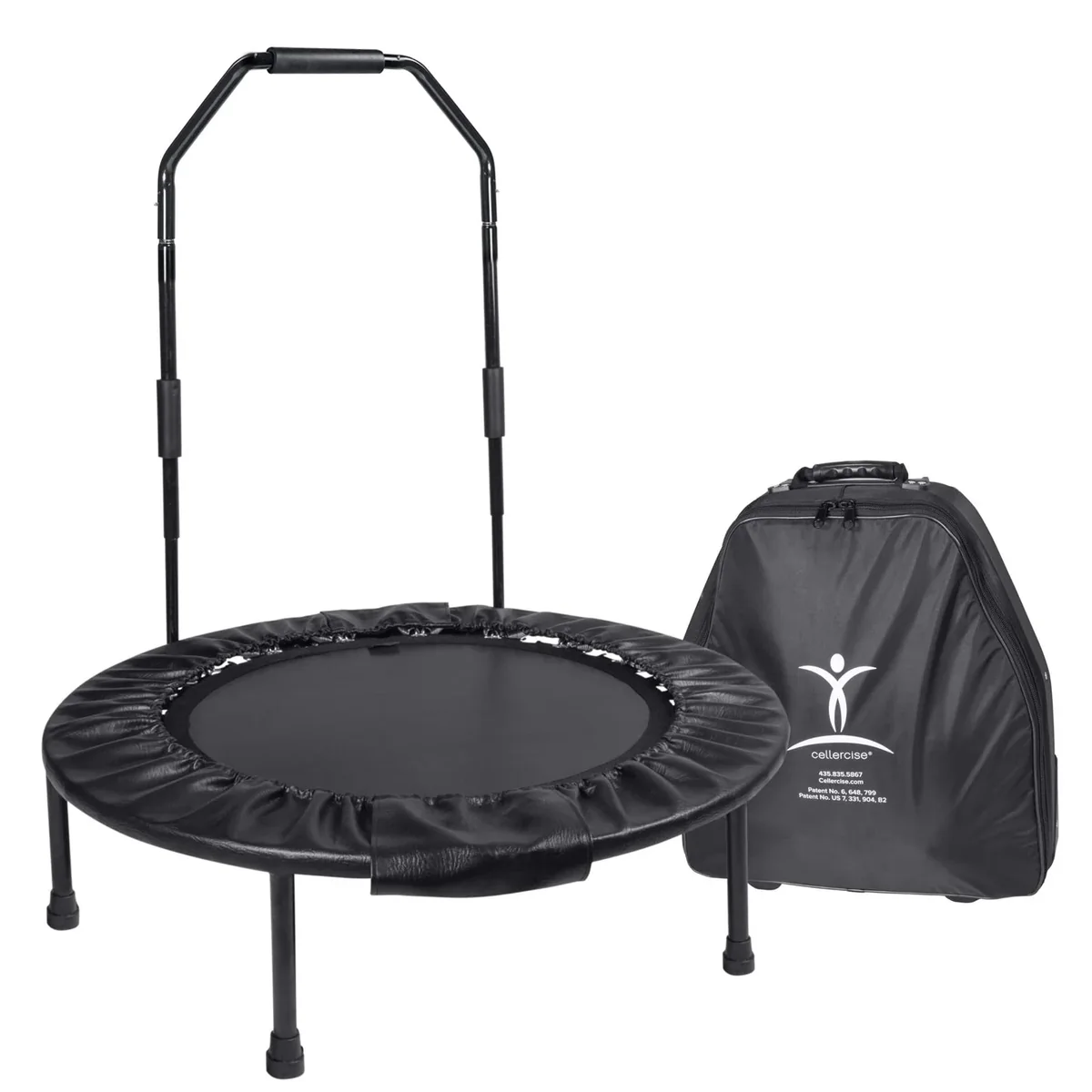 Cellerciser Tri-Fold Pro rebounder with balance bar and wheeled travel case